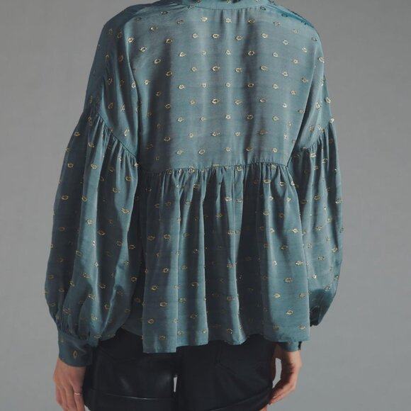 By Anthropologie Ruffled Peasant Blouse Gold and Slate Blue Blouse Size S - Picture 5 of 7